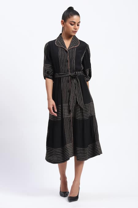 Abraham And Thakore_Black Crepe Collared Trapunto Midi Dress _Online_at_Aza_Fashions