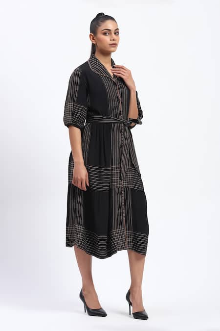 Buy_Abraham And Thakore_Black Crepe Collared Trapunto Midi Dress _Online_at_Aza_Fashions