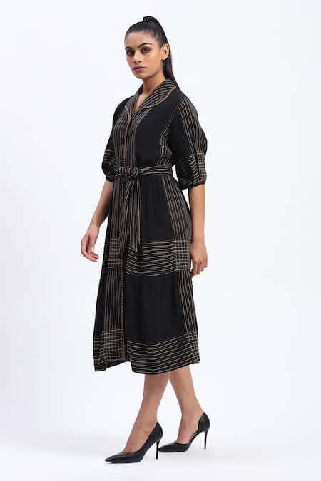 Shop_Abraham And Thakore_Black Crepe Collared Trapunto Midi Dress _Online_at_Aza_Fashions