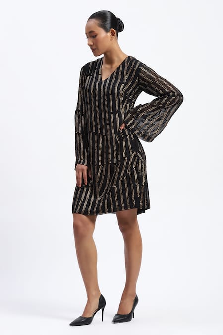 Abraham And Thakore_Black Georgette Sequins V-neck Broken Stripes Dress _Online_at_Aza_Fashions