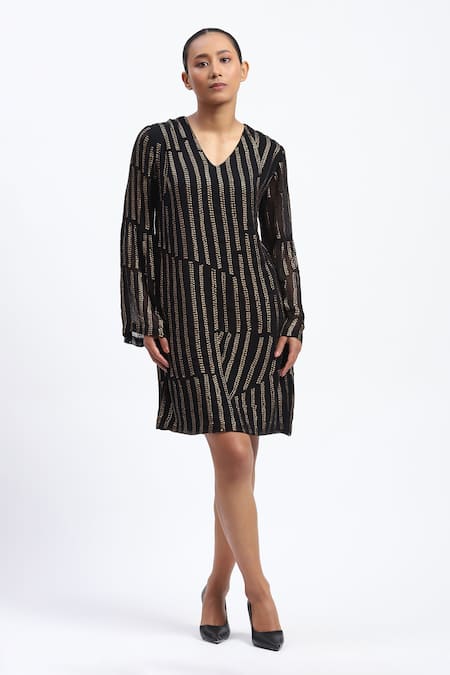 Buy_Abraham And Thakore_Black Georgette Sequins V-neck Broken Stripes Dress _Online_at_Aza_Fashions