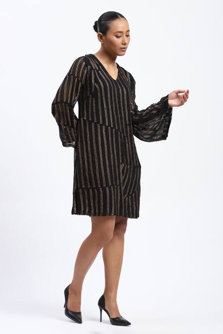 Shop_Abraham And Thakore_Black Georgette Sequins V-neck Broken Stripes Dress _Online_at_Aza_Fashions