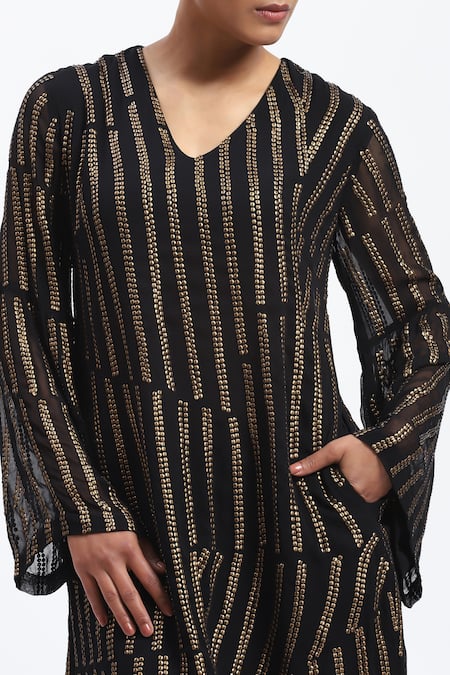 Abraham And Thakore_Black Georgette Sequins V-neck Broken Stripes Dress _at_Aza_Fashions