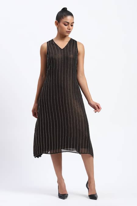 ABRAHAM AND THAKORE Black Georgette Foil Printing V-neck Gold Beaded Midi Dress 