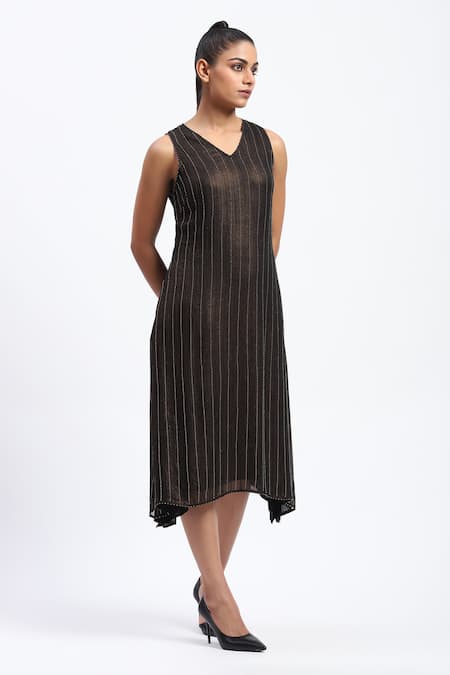 Abraham And Thakore Black Georgette Foil Printing V-neck Gold Beaded Midi Dress Online at Aza Fashions Abraham And Thakore_Black Georgette Foil Printing V-neck Gold Beaded Midi Dress _Online_at_Aza_Fashions
