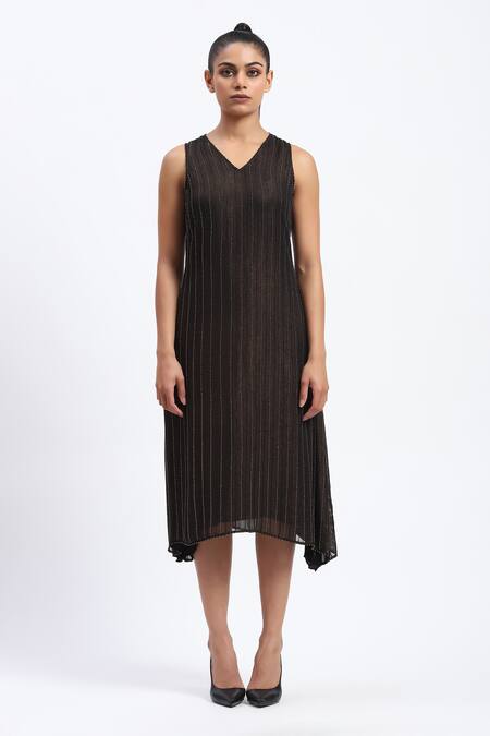 Buy Abraham And Thakore Black Georgette Foil Printing V-neck Gold Beaded Midi Dress Online at Aza Fashions Buy_Abraham And Thakore_Black Georgette Foil Printing V-neck Gold Beaded Midi Dress _Online_at_Aza_Fashions