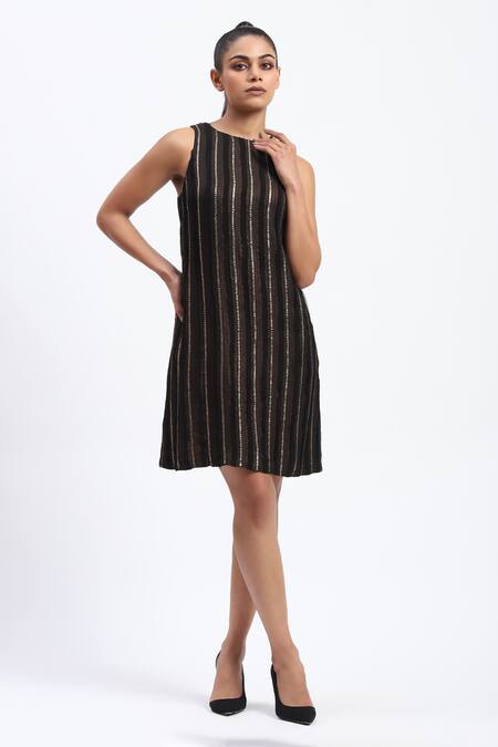 Abraham And Thakore_Black Georgette Foil Printing Round Neck Cutwork Dress _Online_at_Aza_Fashions