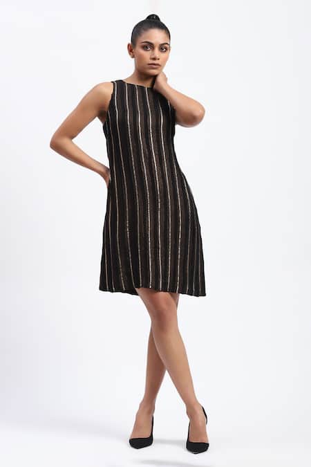 ABRAHAM AND THAKORE Black Georgette Foil Printing Round Neck Cutwork Dress 