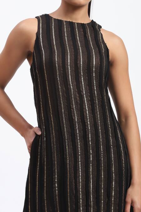 Abraham And Thakore_Black Georgette Foil Printing Round Neck Cutwork Dress _at_Aza_Fashions
