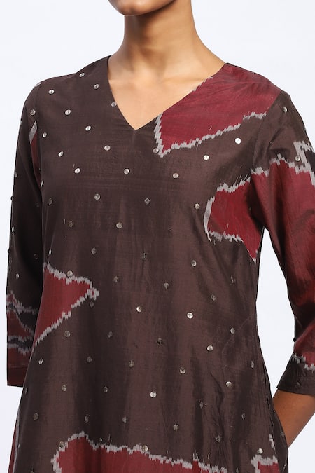 Abraham And Thakore_Burgundy Chanderi Sequins V-neck Bark Cloth Ikat Midi Dress _at_Aza_Fashions