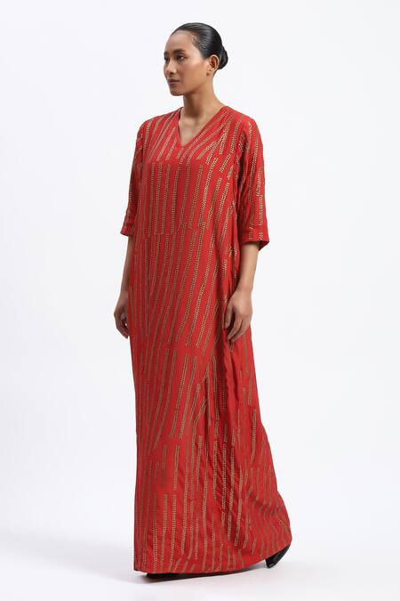 Abraham And Thakore Coral Crepe Sequins V-neck Broken Stripes Kaftan Online at Aza Fashions Abraham And Thakore_Coral Crepe Sequins V-neck Broken Stripes Kaftan _Online_at_Aza_Fashions