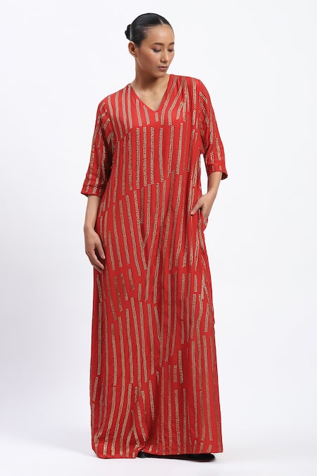 ABRAHAM AND THAKORE Broken Stripes Sequins Kaftan 