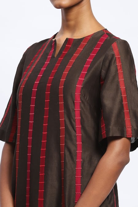 Abraham And Thakore Brown Chanderi Applique Split V-neck Strips Kurta Online at Aza Fashions Abraham And Thakore_Brown Chanderi Applique Split V-neck Strips Kurta _Online_at_Aza_Fashions