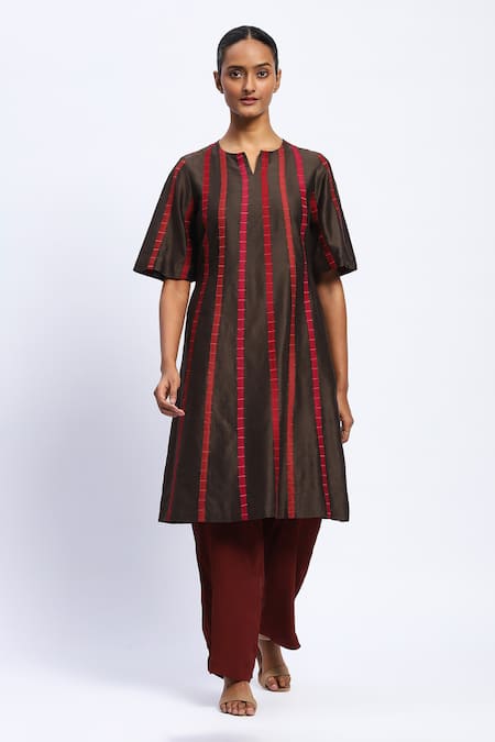 ABRAHAM AND THAKORE Applique Strips Brown Kurta 