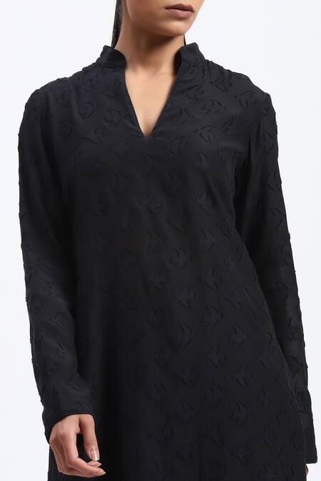 Abraham And Thakore_Black Chanderi Cut Work Mandarin Collar Bird Kurta _at_Aza_Fashions