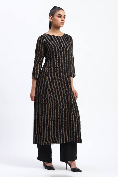 Buy_Abraham And Thakore_Black Georgette Sequins Round Neck Broken Stripes Kurta _Online_at_Aza_Fashions