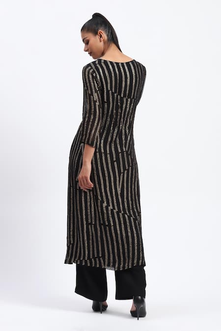 Abraham And Thakore Black Broken Stripes Sequins Kurta 