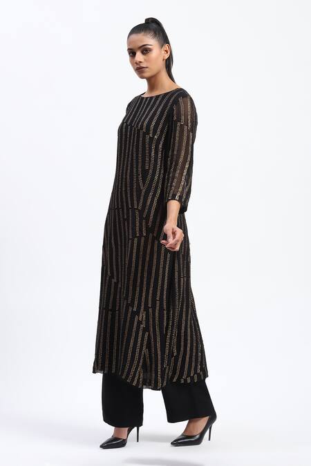 Abraham And Thakore_Black Georgette Sequins Round Neck Broken Stripes Kurta _at_Aza_Fashions