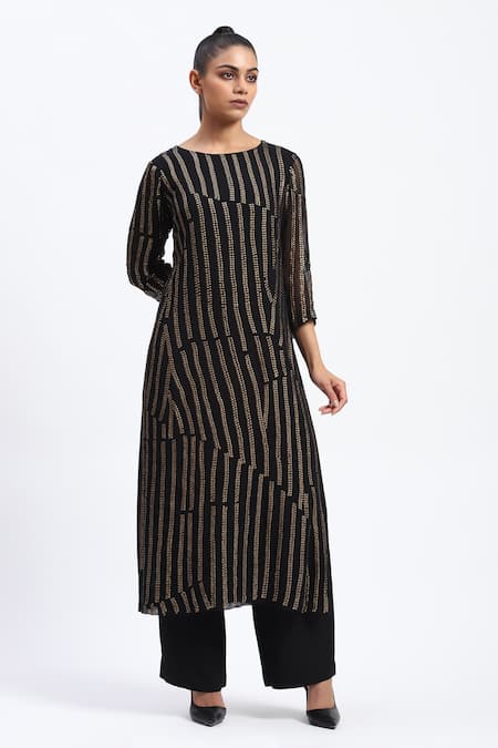 ABRAHAM AND THAKORE Black Broken Stripes Sequins Kurta 