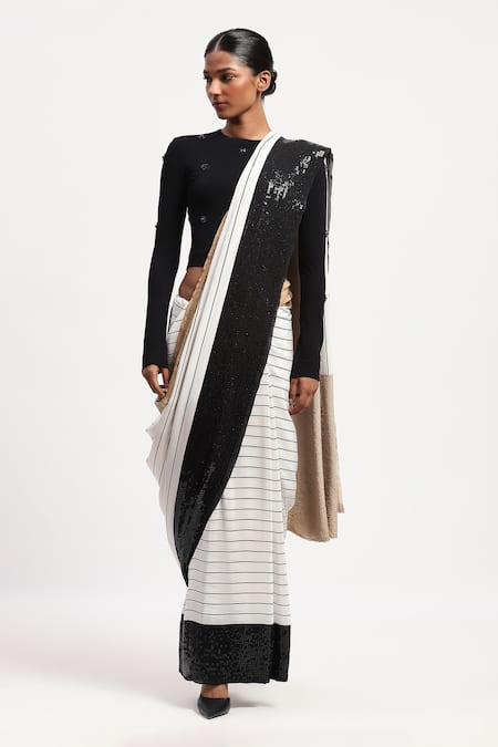 ABRAHAM AND THAKORE Solid Stripes Designer Saree 