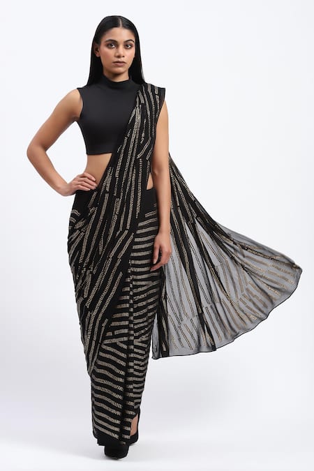 ABRAHAM AND THAKORE Black Broken Stripes Sequins Saree 