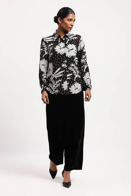 Abraham And Thakore Black Georgette Collared Aari Florals Shirt Online at Aza Fashions Abraham And Thakore_Black Georgette Collared Aari Florals Shirt_Online_at_Aza_Fashions
