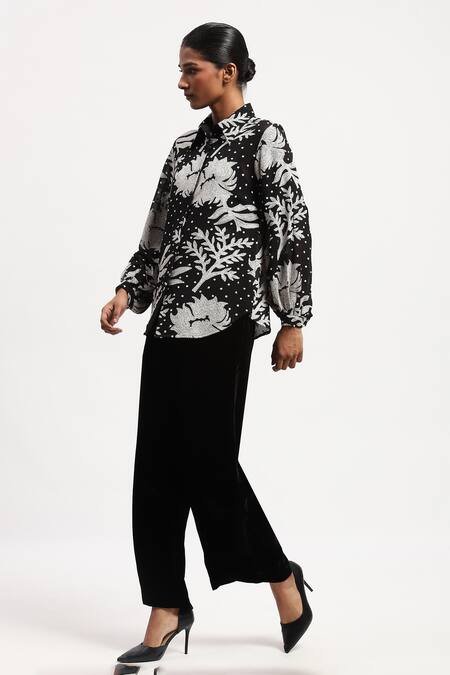 Shop Abraham And Thakore Black Georgette Collared Aari Florals Shirt Online at Aza Fashions Shop_Abraham And Thakore_Black Georgette Collared Aari Florals Shirt_Online_at_Aza_Fashions