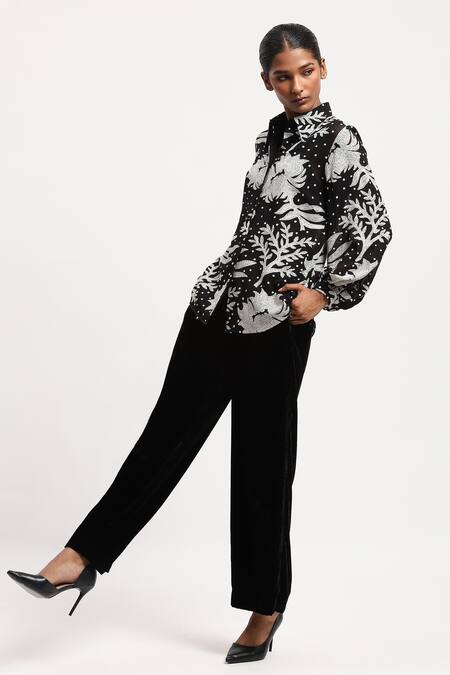 Abraham And Thakore Black Georgette Collared Aari Florals Shirt at Aza Fashions Abraham And Thakore_Black Georgette Collared Aari Florals Shirt_at_Aza_Fashions