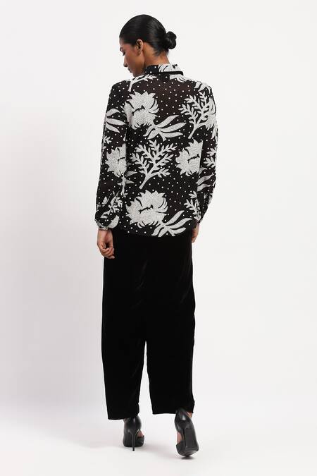 Shop Abraham And Thakore Black Georgette Collared Aari Florals Shirt at Aza Fashions Shop_Abraham And Thakore_Black Georgette Collared Aari Florals Shirt_at_Aza_Fashions