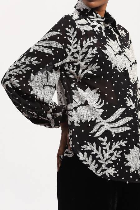 Buy Abraham And Thakore Black Georgette Collared Aari Florals Shirt Buy_Abraham And Thakore_Black Georgette Collared Aari Florals Shirt