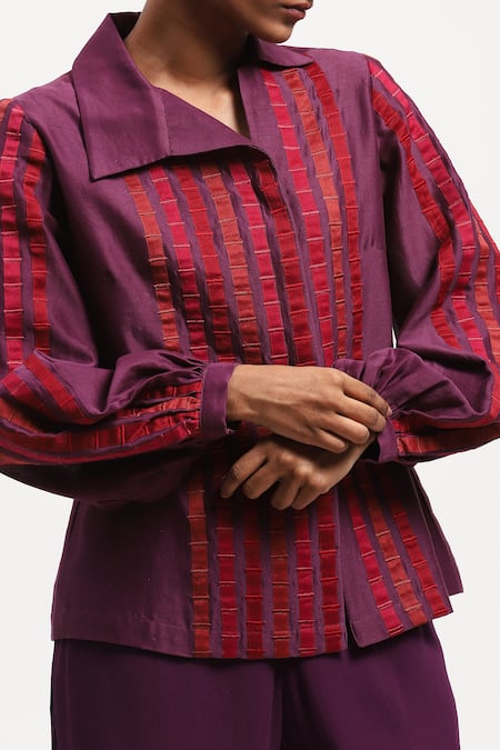 Abraham And Thakore_Purple Chanderi Applique Collared Strips Shirt_Online_at_Aza_Fashions