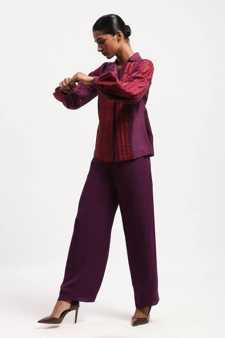 Buy_Abraham And Thakore_Purple Chanderi Applique Collared Strips Shirt_Online_at_Aza_Fashions