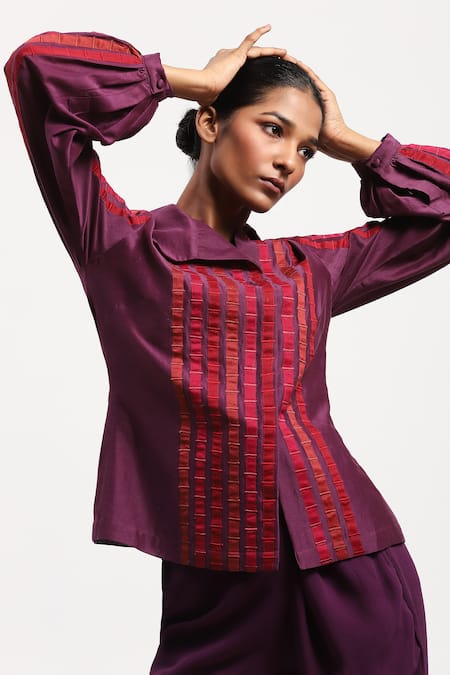Shop_Abraham And Thakore_Purple Chanderi Applique Collared Strips Shirt_Online_at_Aza_Fashions