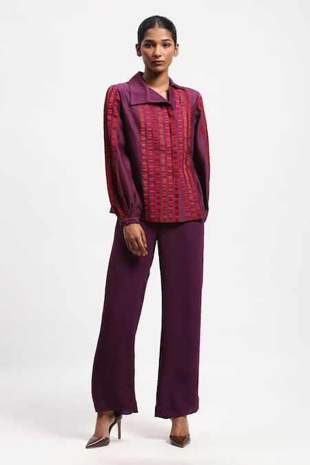 ABRAHAM AND THAKORE Applique Strips Chanderi Shirt 