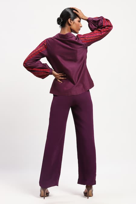 Abraham And Thakore_Purple Chanderi Applique Collared Strips Shirt_at_Aza_Fashions