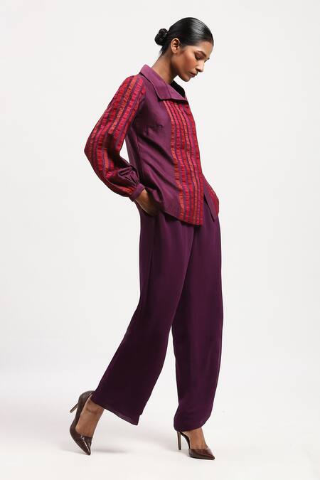 Buy_Abraham And Thakore_Purple Chanderi Applique Collared Strips Shirt