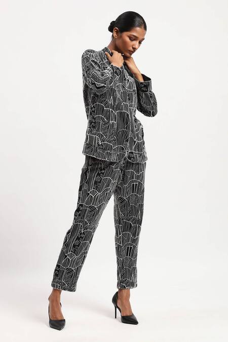 Abraham And Thakore Black Chanderi Embroidery Collared Tribal Shirt Online at Aza Fashions Abraham And Thakore_Black Chanderi Embroidery Collared Tribal Shirt_Online_at_Aza_Fashions