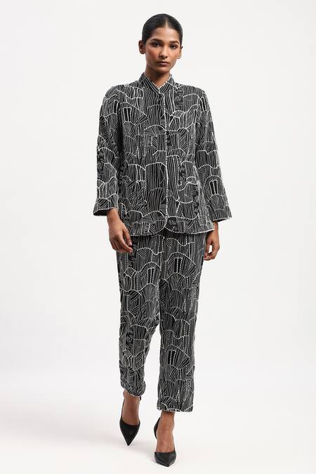 Buy Abraham And Thakore Black Chanderi Embroidery Collared Tribal Shirt Online at Aza Fashions Buy_Abraham And Thakore_Black Chanderi Embroidery Collared Tribal Shirt_Online_at_Aza_Fashions