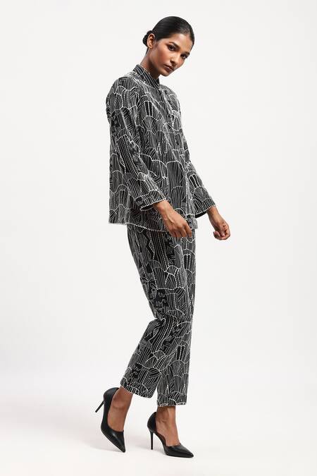 Shop Abraham And Thakore Black Chanderi Embroidery Collared Tribal Shirt Online at Aza Fashions Shop_Abraham And Thakore_Black Chanderi Embroidery Collared Tribal Shirt_Online_at_Aza_Fashions