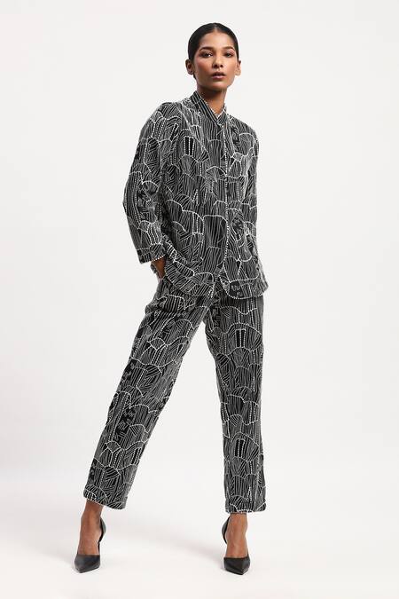 Abraham And Thakore Black Chanderi Embroidery Collared Tribal Shirt at Aza Fashions Abraham And Thakore_Black Chanderi Embroidery Collared Tribal Shirt_at_Aza_Fashions