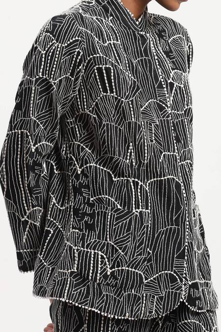 Buy Abraham And Thakore Black Chanderi Embroidery Collared Tribal Shirt Buy_Abraham And Thakore_Black Chanderi Embroidery Collared Tribal Shirt