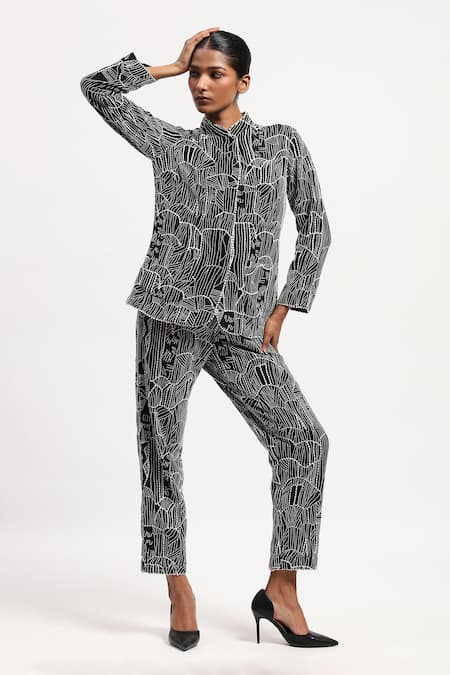 ABRAHAM AND THAKORE Tribal Embroidery Black Shirt 