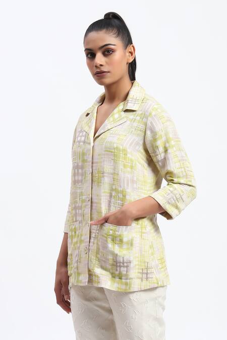 Abraham And Thakore_Multi Color Linen Collared Handpainted Checks Blend Shirt _Online_at_Aza_Fashions