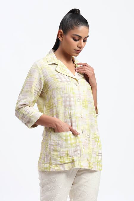 Buy_Abraham And Thakore_Multi Color Linen Collared Handpainted Checks Blend Shirt _Online_at_Aza_Fashions
