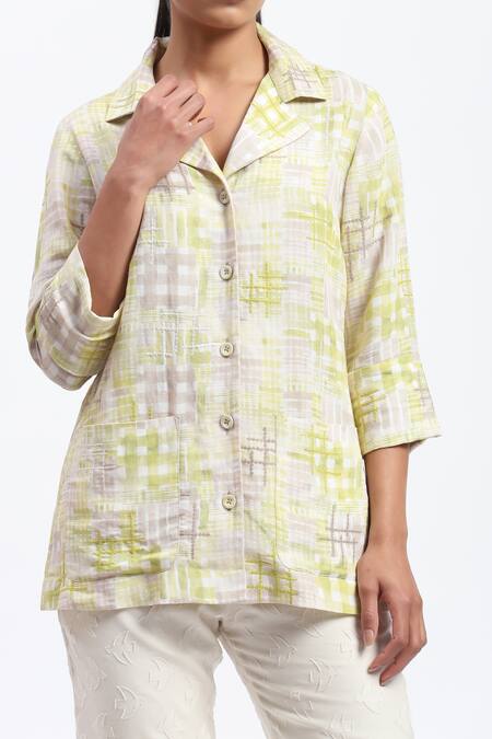 Shop_Abraham And Thakore_Multi Color Linen Collared Handpainted Checks Blend Shirt _Online_at_Aza_Fashions