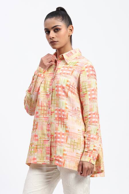 Buy_Abraham And Thakore_Multi Color Linen Collared Handpainted Checks Blend Shirt _Online_at_Aza_Fashions