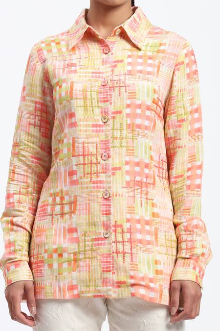 Shop_Abraham And Thakore_Multi Color Linen Collared Handpainted Checks Blend Shirt _Online_at_Aza_Fashions