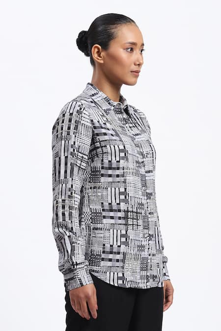 Abraham And Thakore Gray Linen Collared Handpainted Checks Shirt Online at Aza Fashions Abraham And Thakore_Gray Linen Collared Handpainted Checks Shirt _Online_at_Aza_Fashions