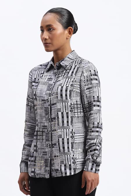 Buy Abraham And Thakore Gray Linen Collared Handpainted Checks Shirt Online at Aza Fashions Buy_Abraham And Thakore_Gray Linen Collared Handpainted Checks Shirt _Online_at_Aza_Fashions
