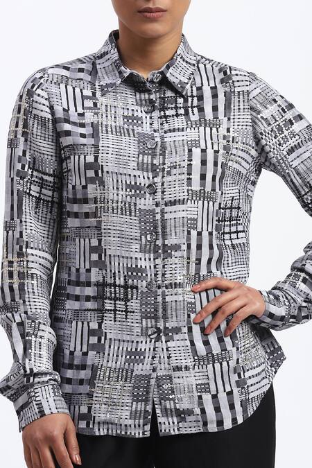 Shop Abraham And Thakore Gray Linen Collared Handpainted Checks Shirt Online at Aza Fashions Shop_Abraham And Thakore_Gray Linen Collared Handpainted Checks Shirt _Online_at_Aza_Fashions